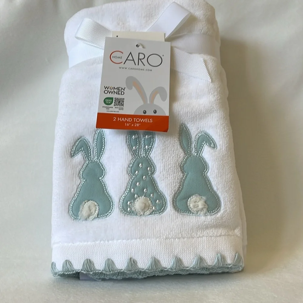 CARO Home, 100% Cotton White and Blue/Green Bunny Back Hand Towels, Set of 2